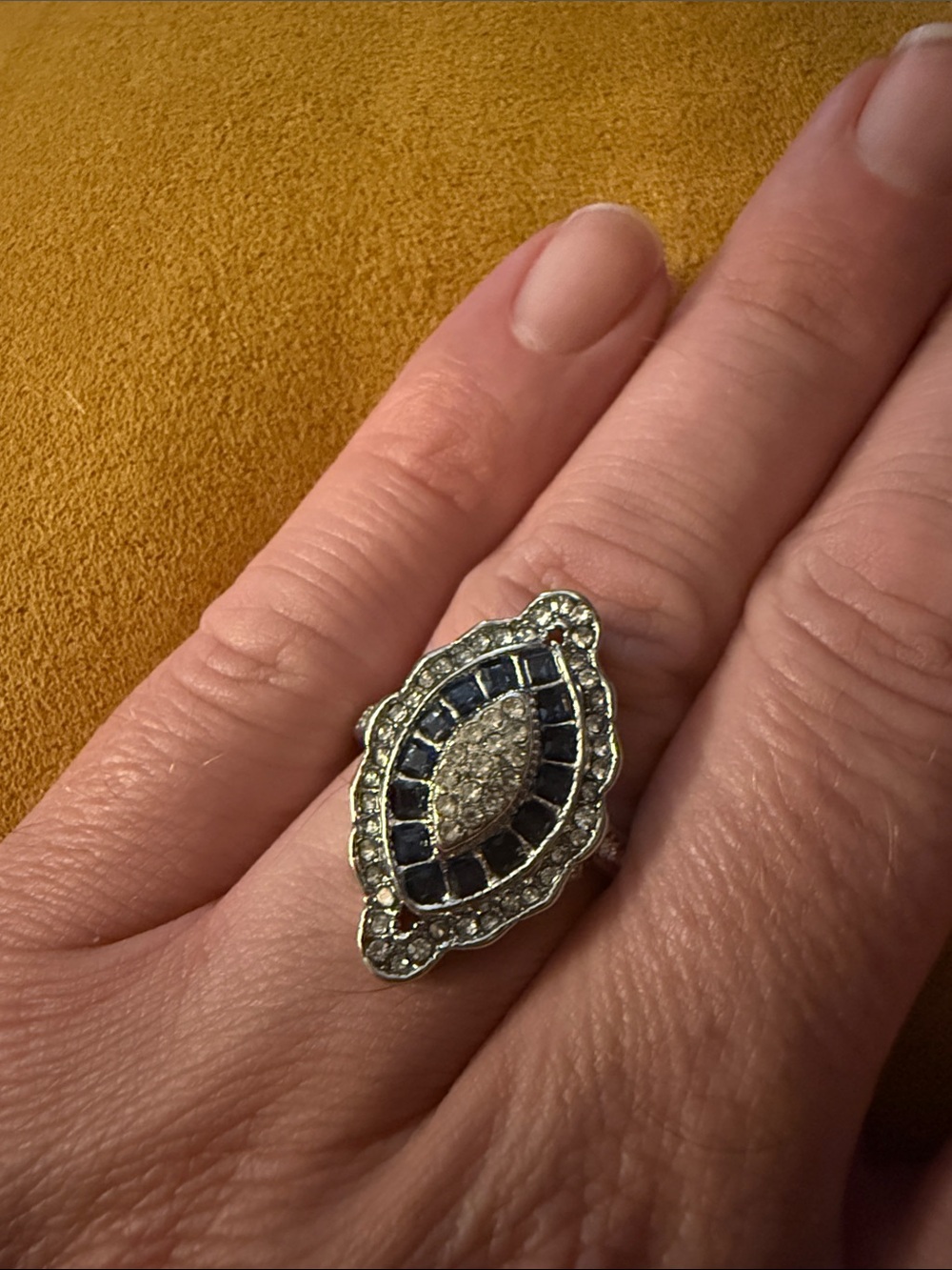 Vintage-Inspired Silver Ring with Blue and White Stones